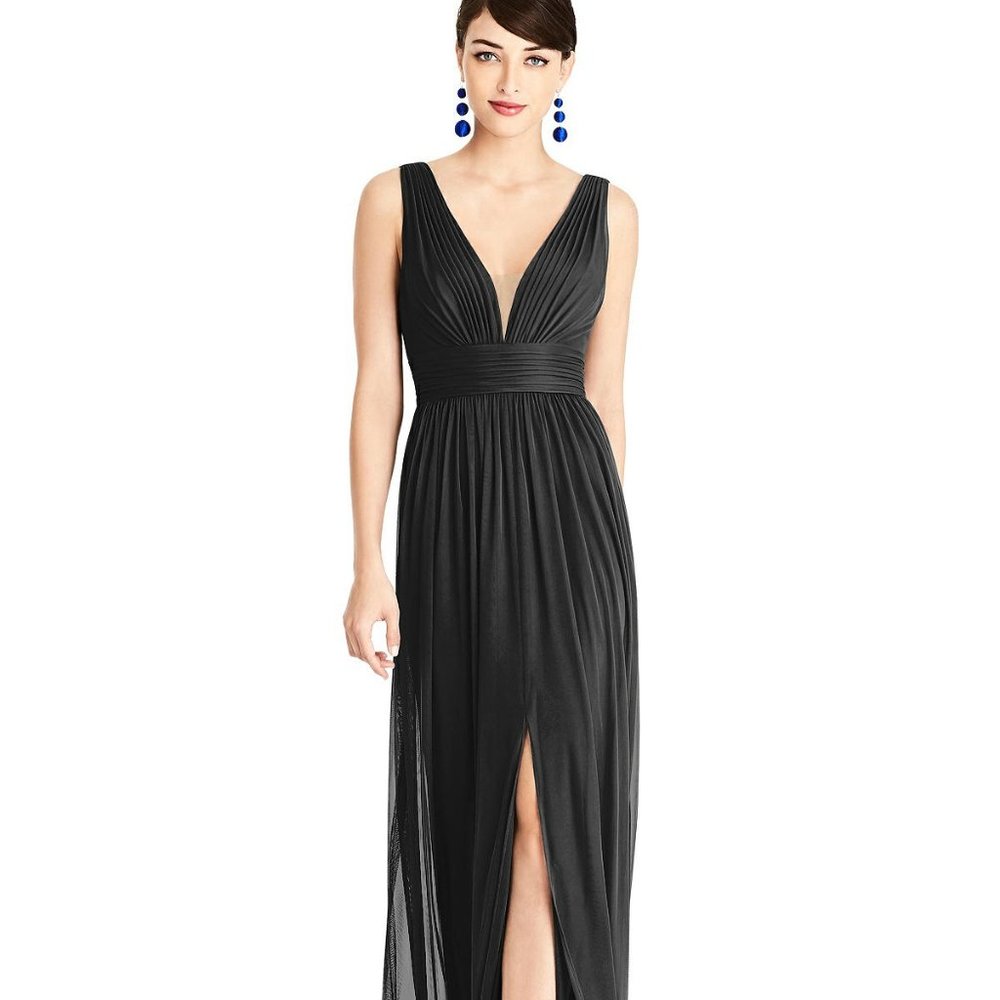 TH105....Illusion Plunge Neck Shirred Maxi Dress....Black....Size 10...NWT